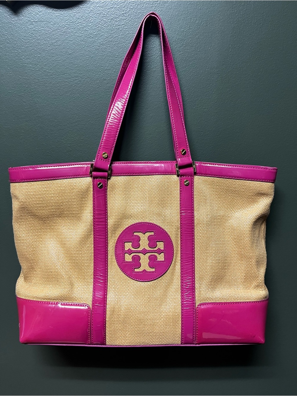 Tory Burch Natural Canvas Tote with Fuchsia Patent Trim
